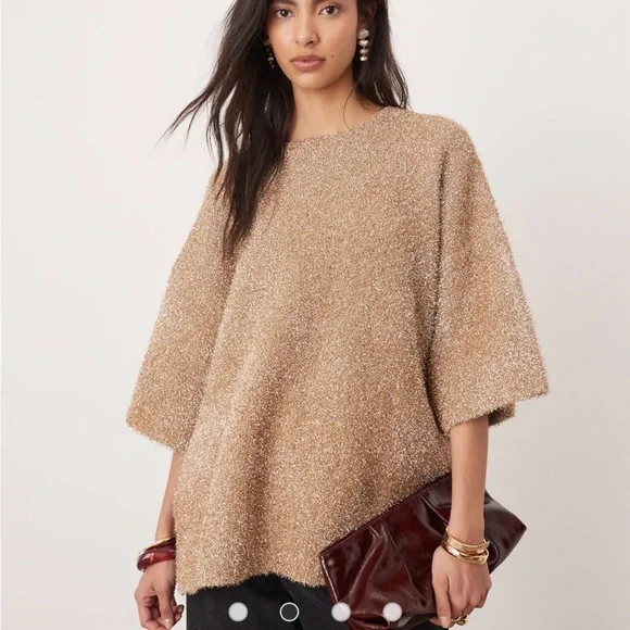 ASOS EDITION Oversized Gold Holiday Top Metallic T-Shirt - Picture 1 of 7